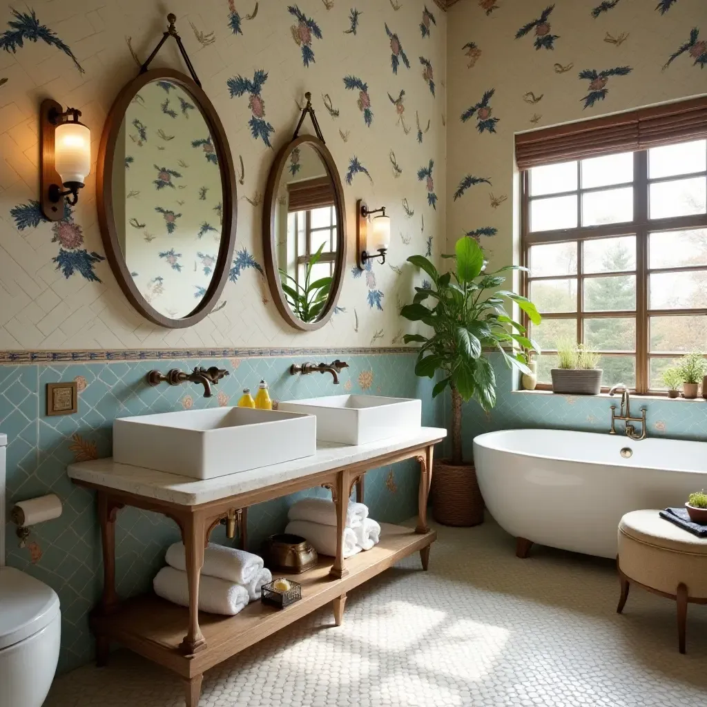 a photo of an artistic bathroom with hand-painted tiles and unique accessories