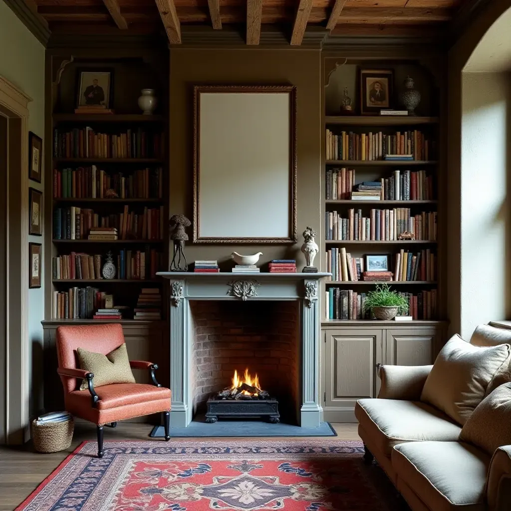 a photo of a charming farmhouse library with a mix of old and new books