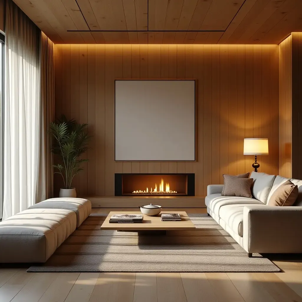 a photo of a living room showcasing wooden decor and warm lighting fixtures