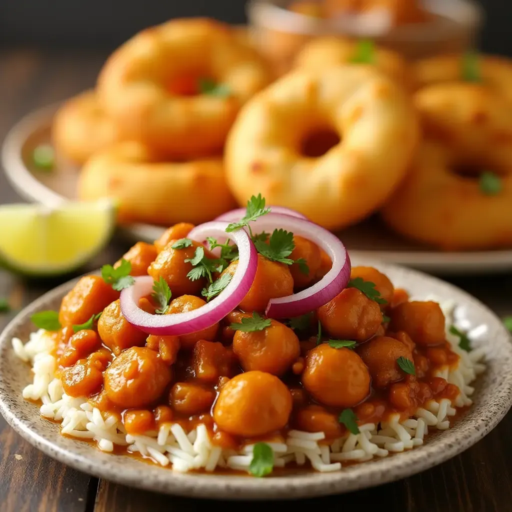 a photo of sweet and tangy chana masala with fluffy bhatura, garnished with onions and lemon, vibrant colors