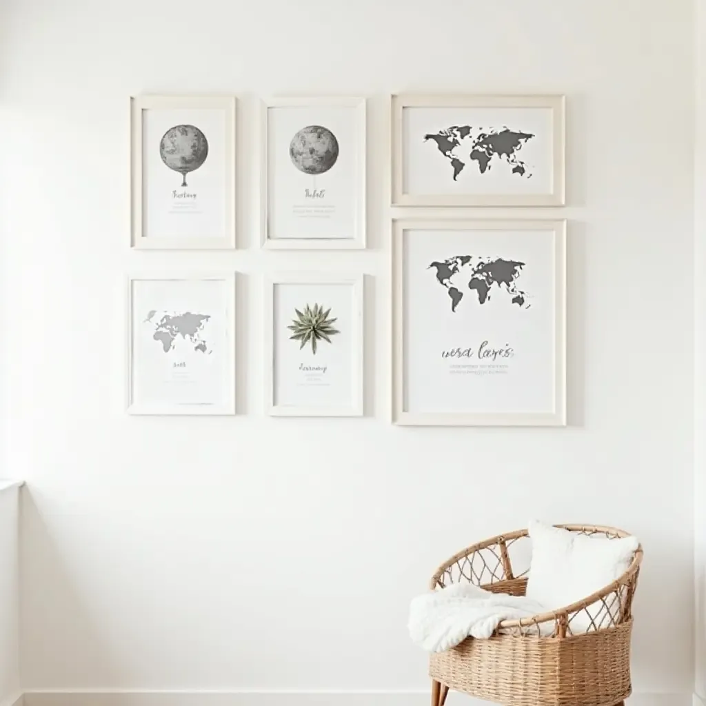 a photo of a nursery gallery wall showcasing travel-inspired artwork