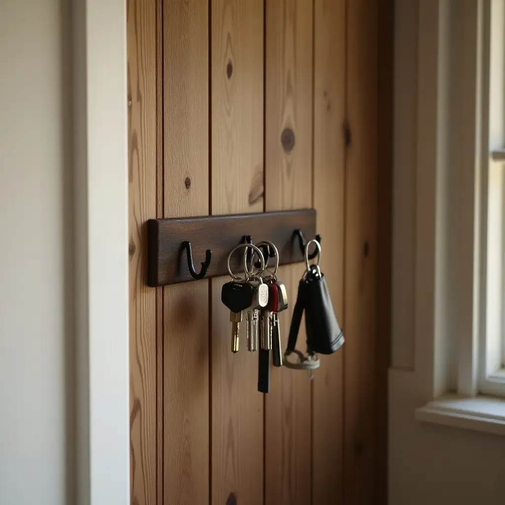 a photo of a cozy entrance with personalized hooks for keys