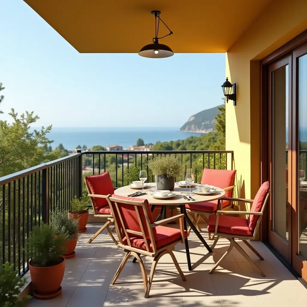 a photo of a balcony with a breakfast nook and colorful tableware