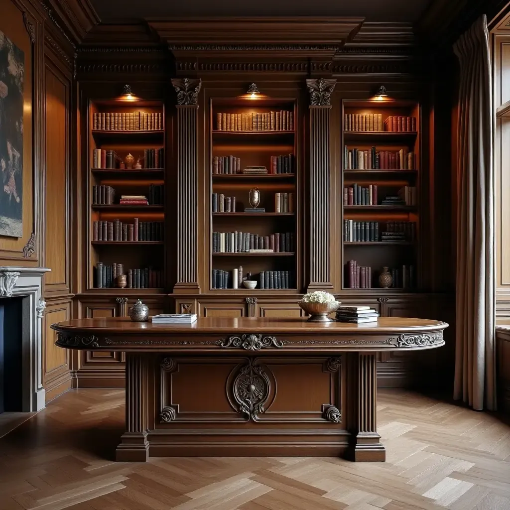 a photo of a classic library with silver accents on furniture