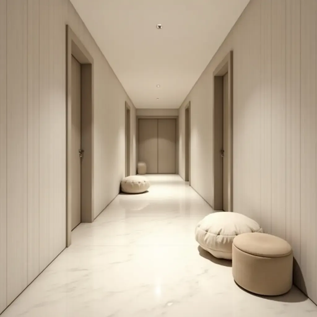 a photo of a minimalist corridor with a calming ambiance and soft furnishings