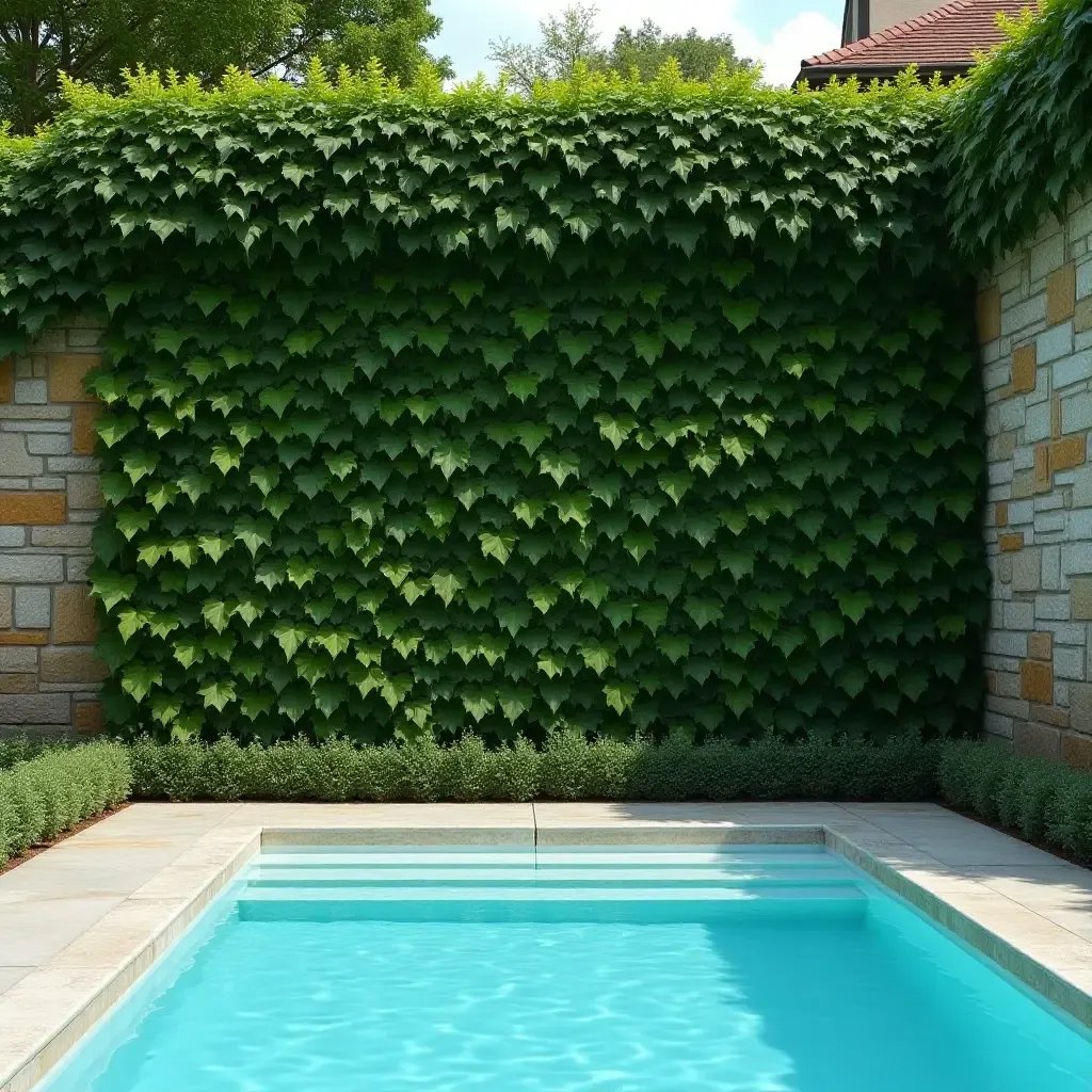 a photo of a climbing vine-covered wall with a pool view