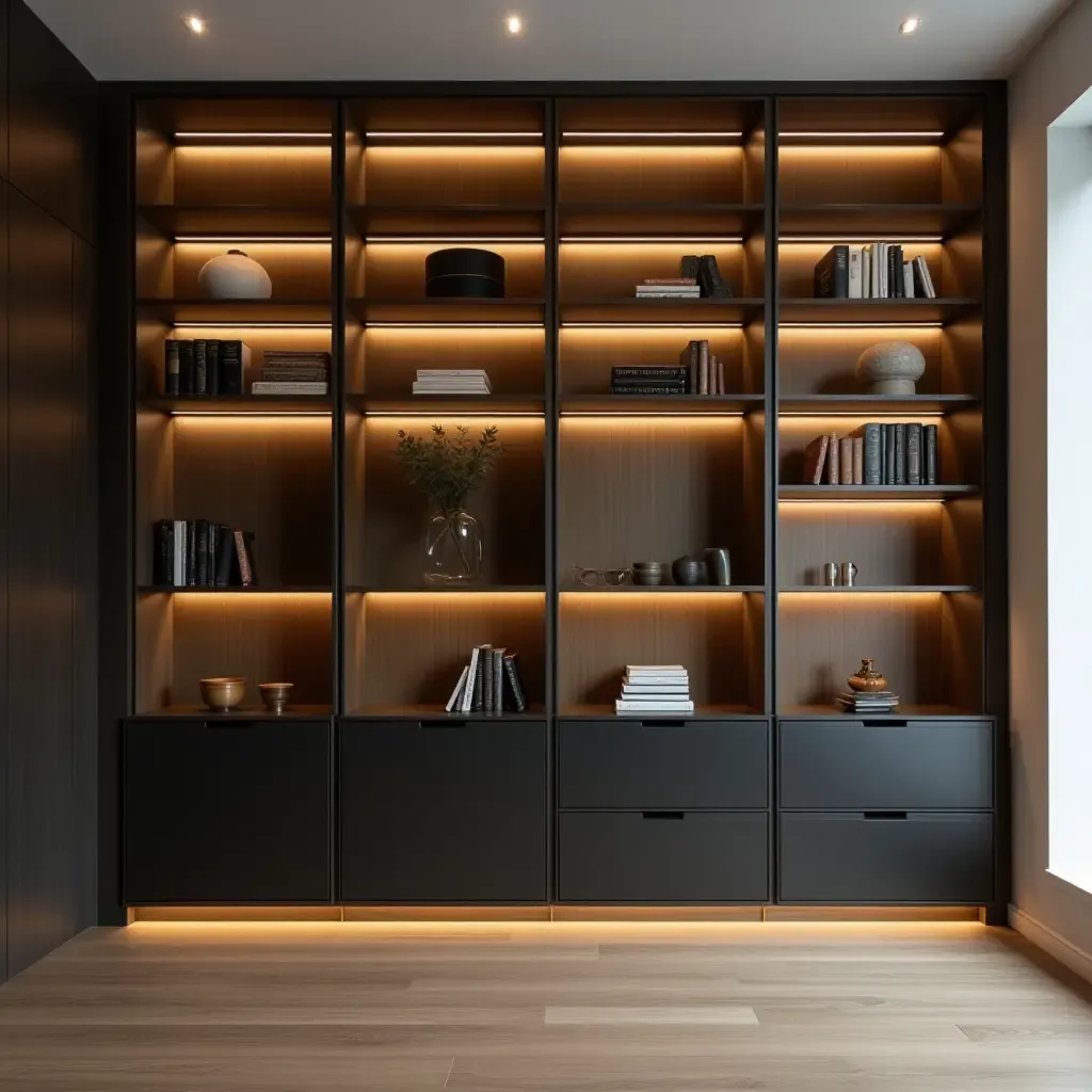 a photo of a modern built-in bookcase with sleek lines and ambient lighting