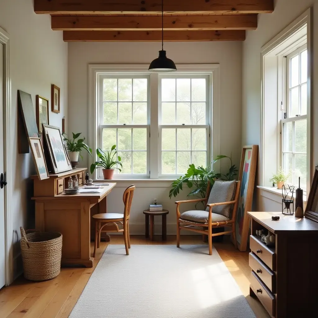 a photo of a basement art studio featuring farmhouse-inspired design and natural light