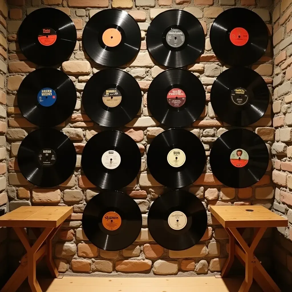 a photo of a basement wall with a collection of vintage vinyl records as art