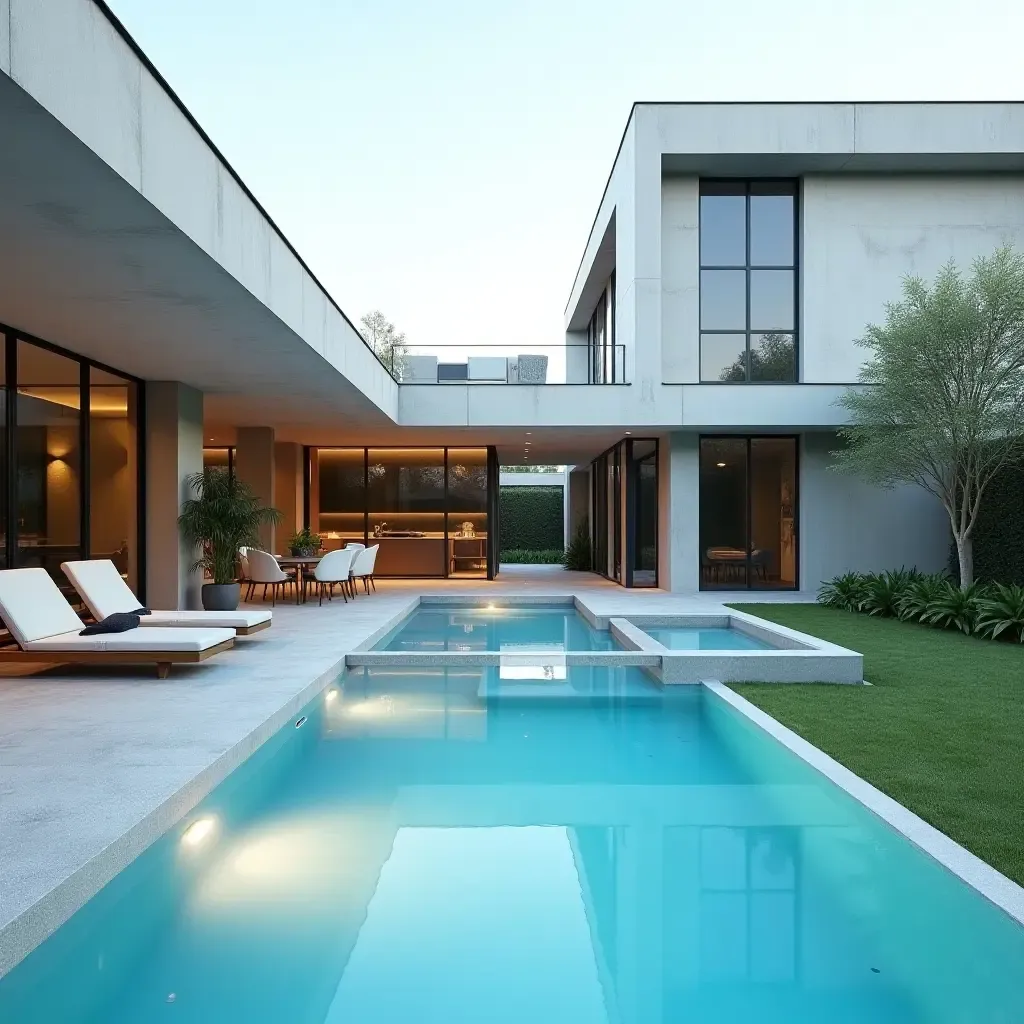 a photo of a modern pool area with a floating deck and lounge chairs