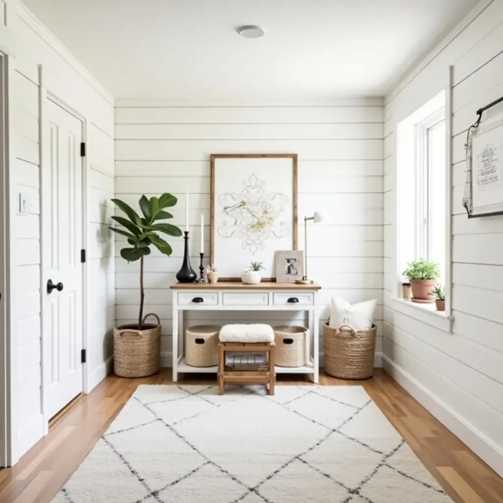 a photo of a bright basement with shiplap walls and farmhouse decor elements