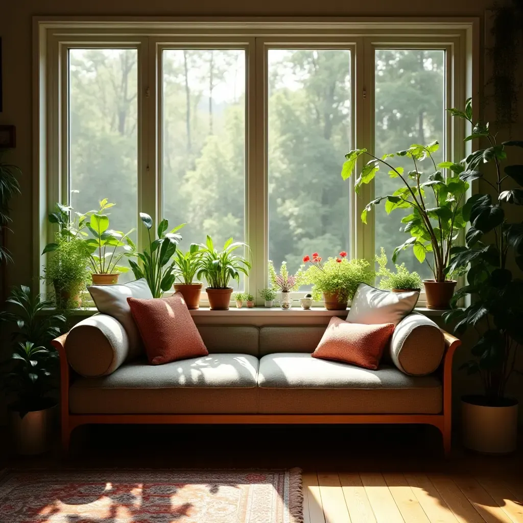 a photo of a reading nook surrounded by plants and natural light