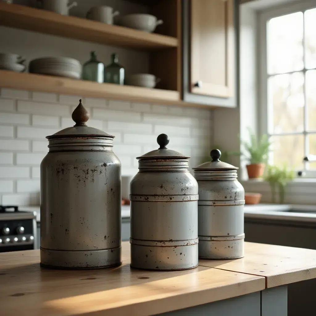 a photo of a kitchen with antique metal canisters and jars