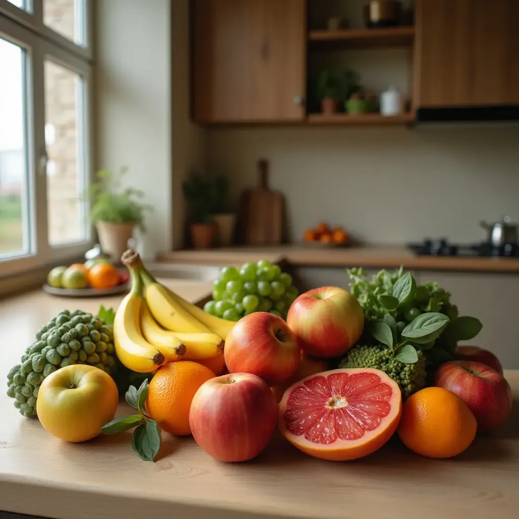 a photo of a kitchen showcasing a beautiful fruit display