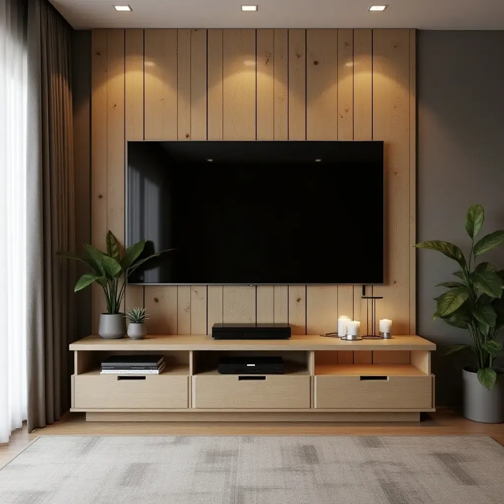 a photo of a stylish TV room with a reclaimed wood theme