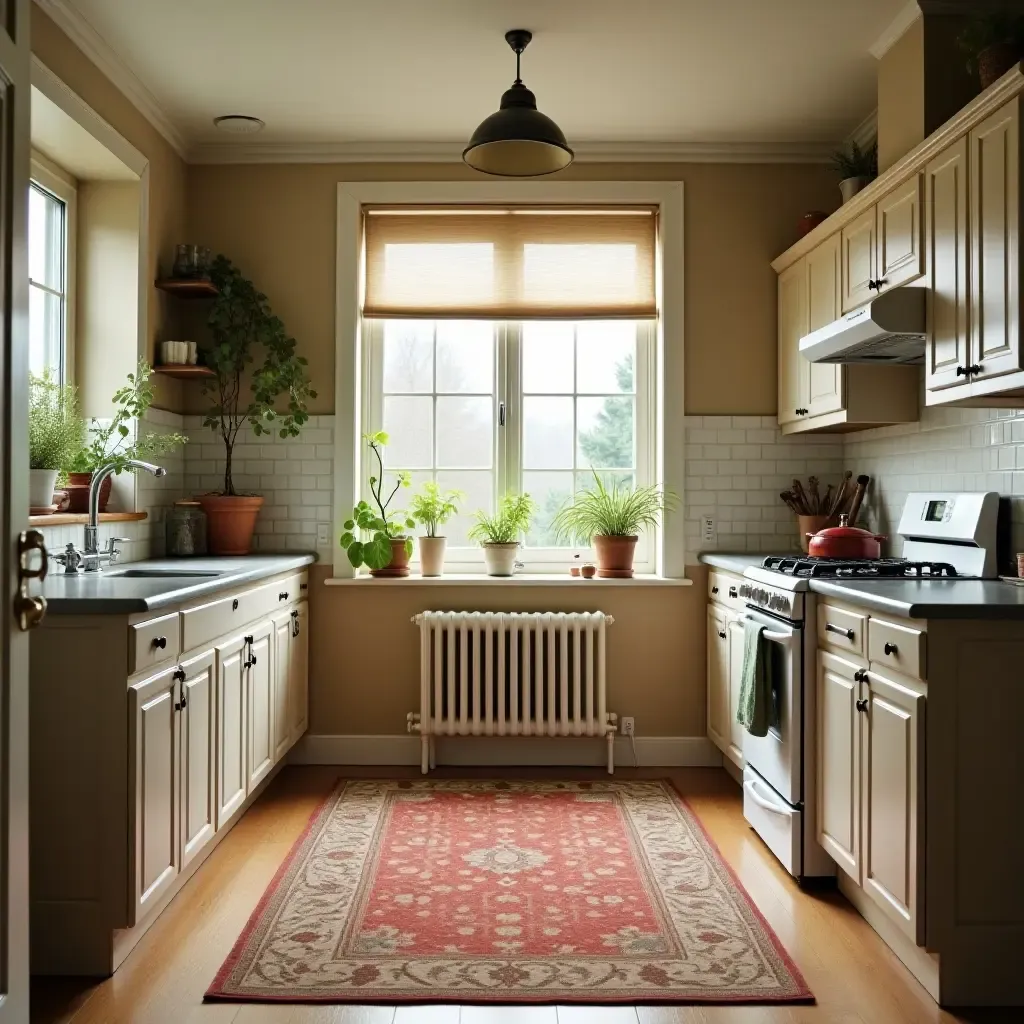 a photo of a vintage kitchen enhanced by a retro rug