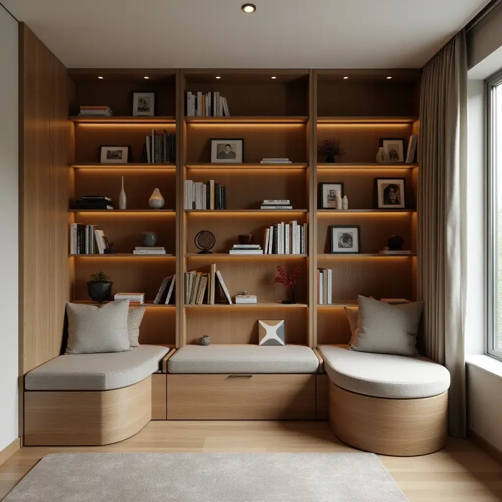 a photo of a chic library corner with multi-functional storage benches