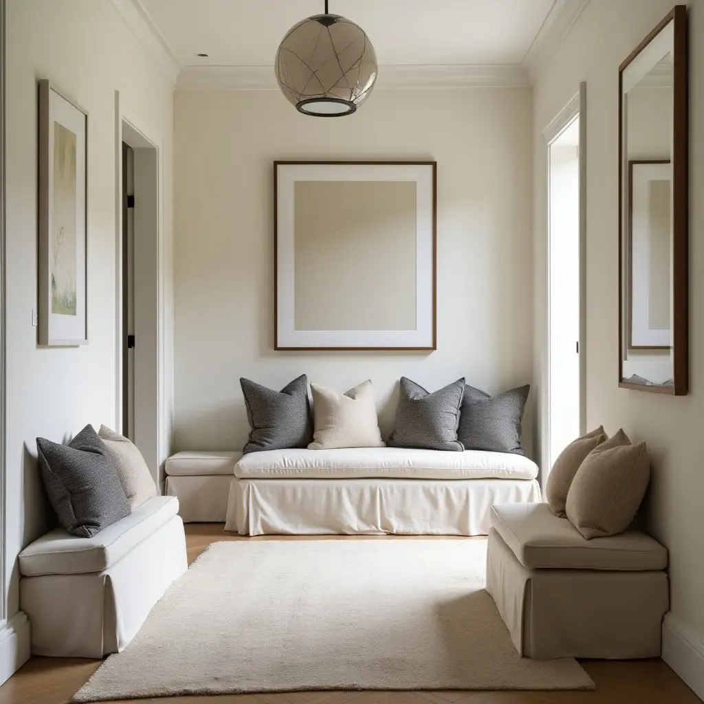 a photo of a chic corridor with contrasting throw pillows on a seating area