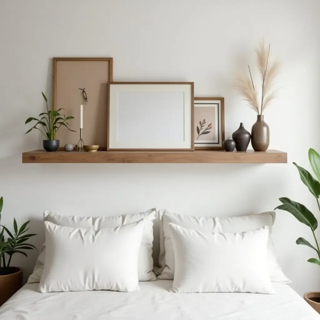 a photo of a chic floating shelf with decorative items above a bed