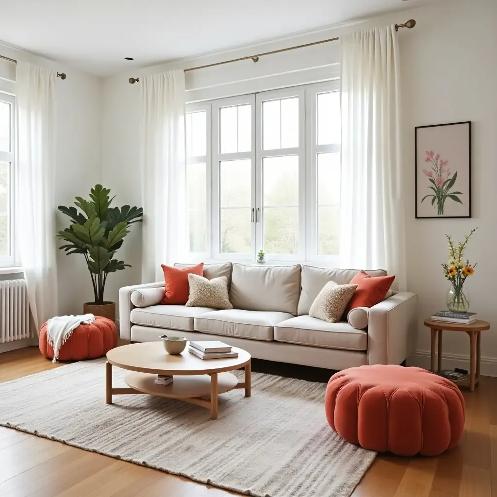 a photo of a bright living room with colorful poufs and a modern rug