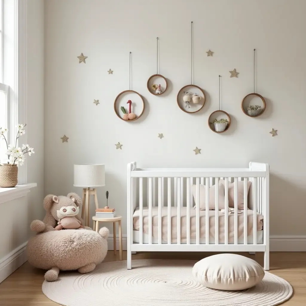 a photo of a whimsical nursery with artistic wall art and elegant furniture