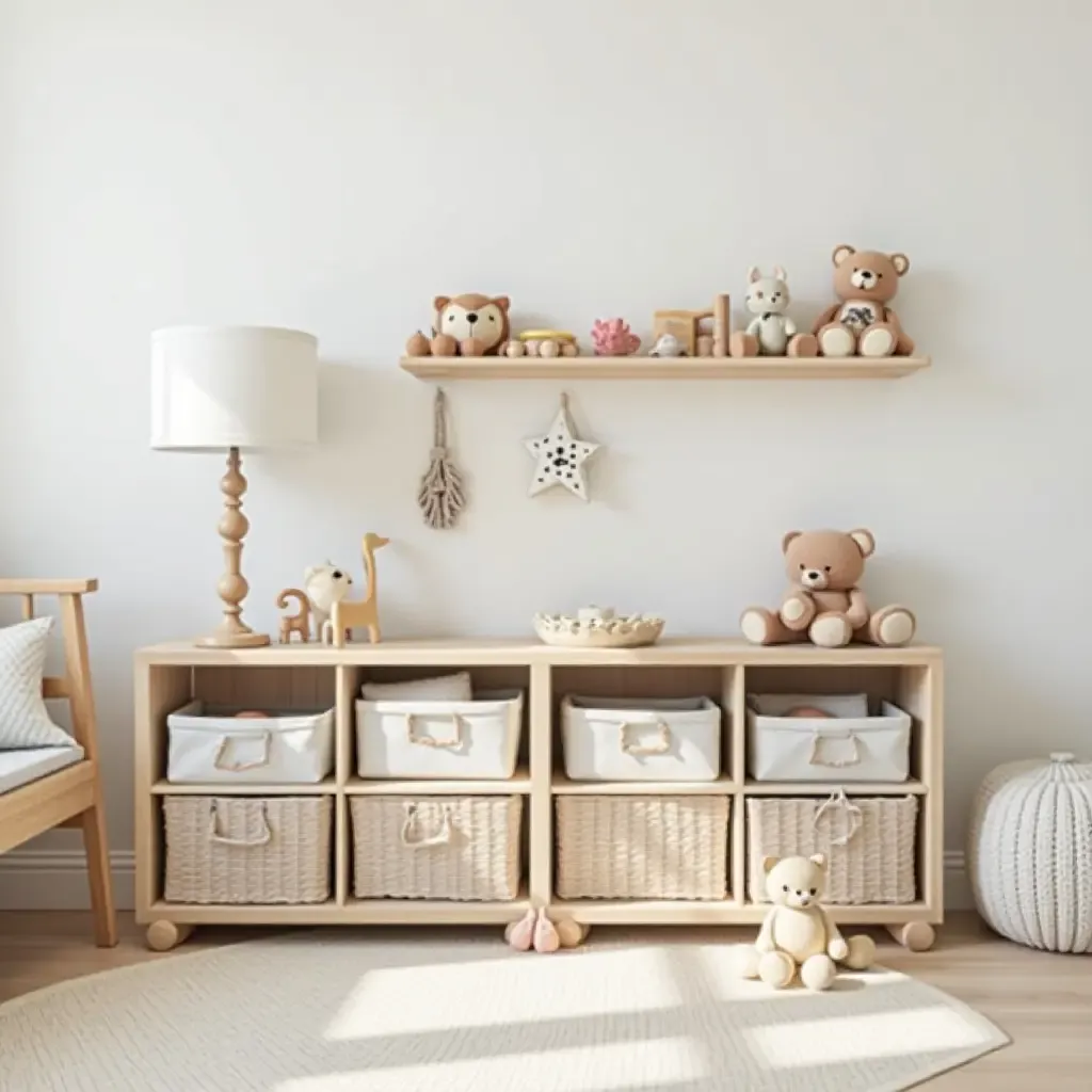 a photo of a nursery with wooden toys and fabric storage solutions