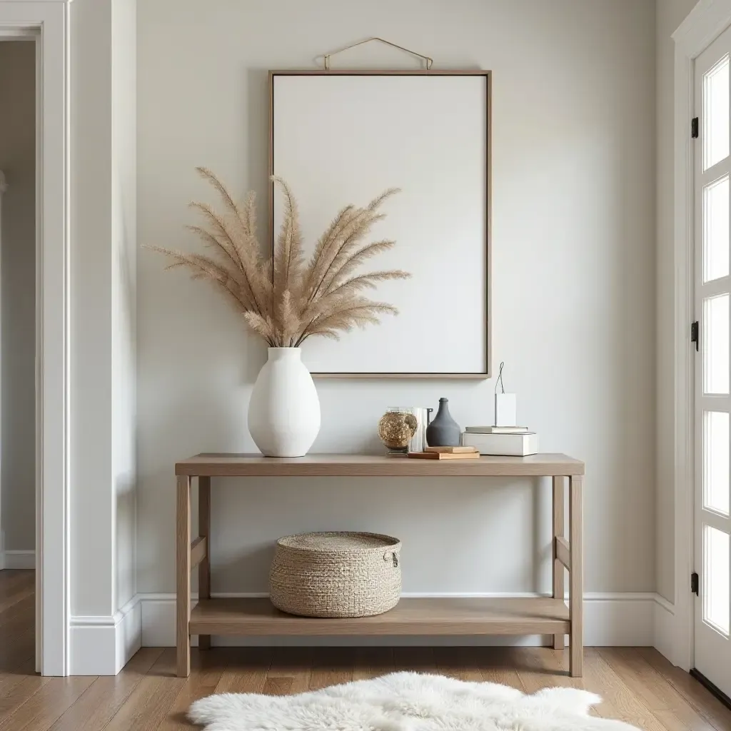 a photo of a sophisticated hallway with a console table and decor