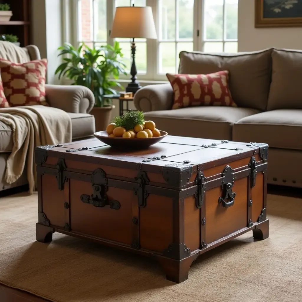 a photo of a rustic colonial-style trunk used as a coffee table in a living room