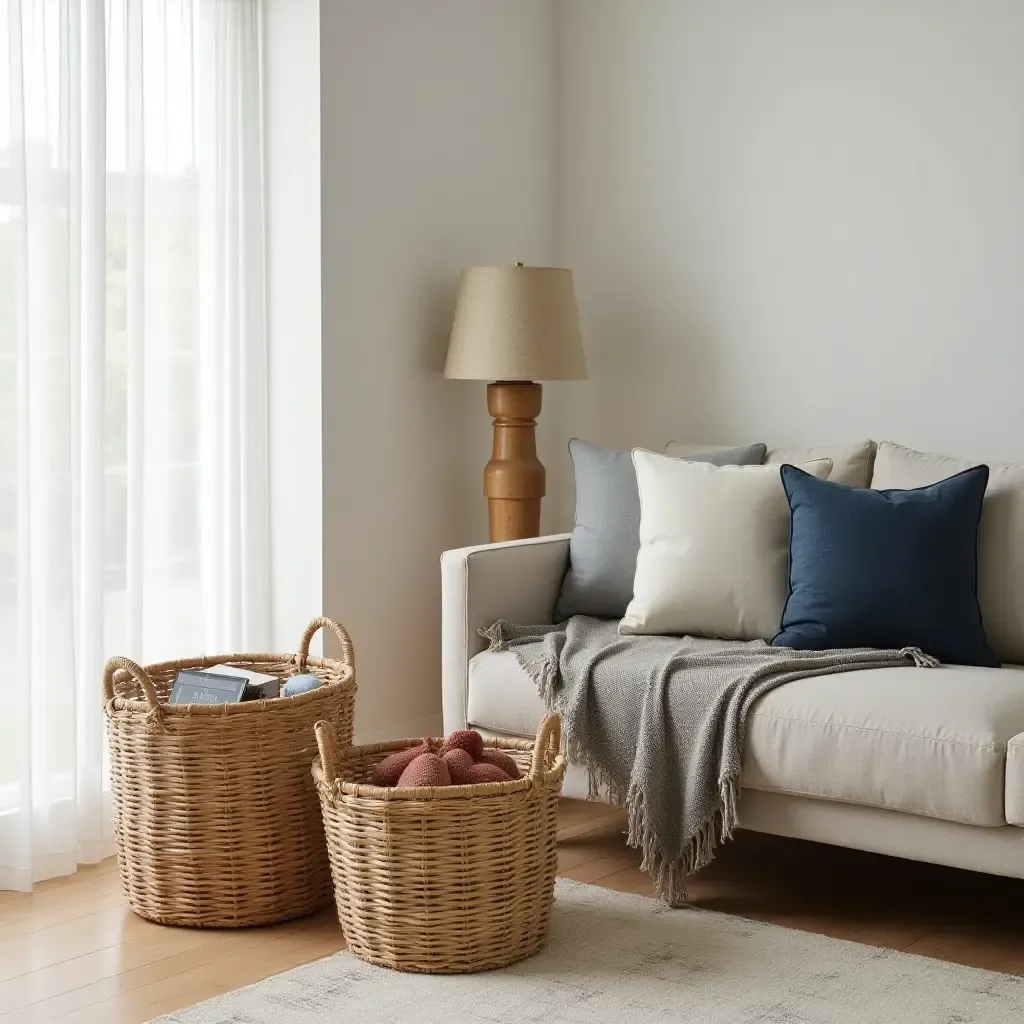 a photo of elegant wicker baskets used for storage in a living room