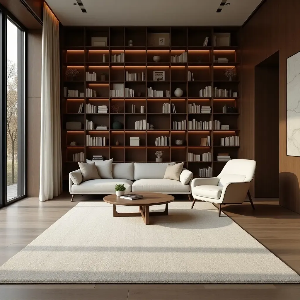 a photo of a minimalist wool rug with subtle textures in a modern library