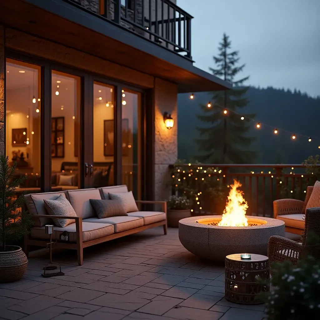 a photo of a balcony with a cozy fire pit and outdoor seating