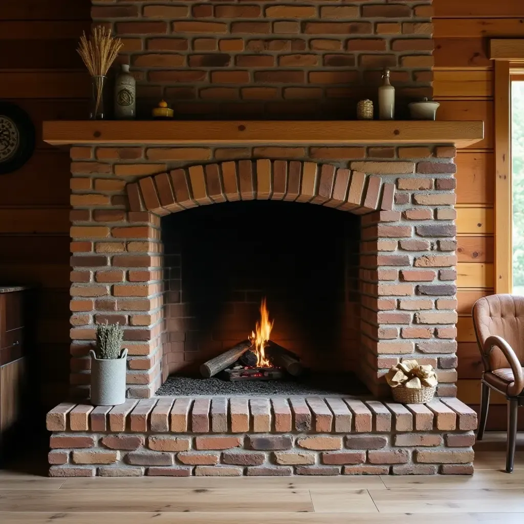 a photo of a vintage brick fireplace surround in a cozy cabin