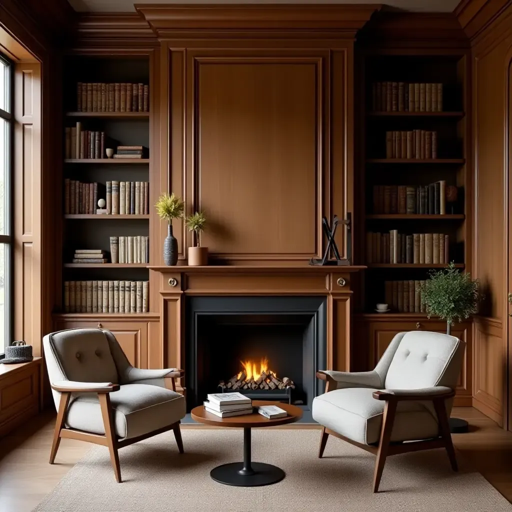 a photo of a library with a wooden fireplace mantel and seating