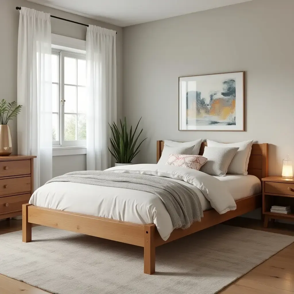 a photo of a cozy wooden bed frame in a teen&#x27;s bedroom