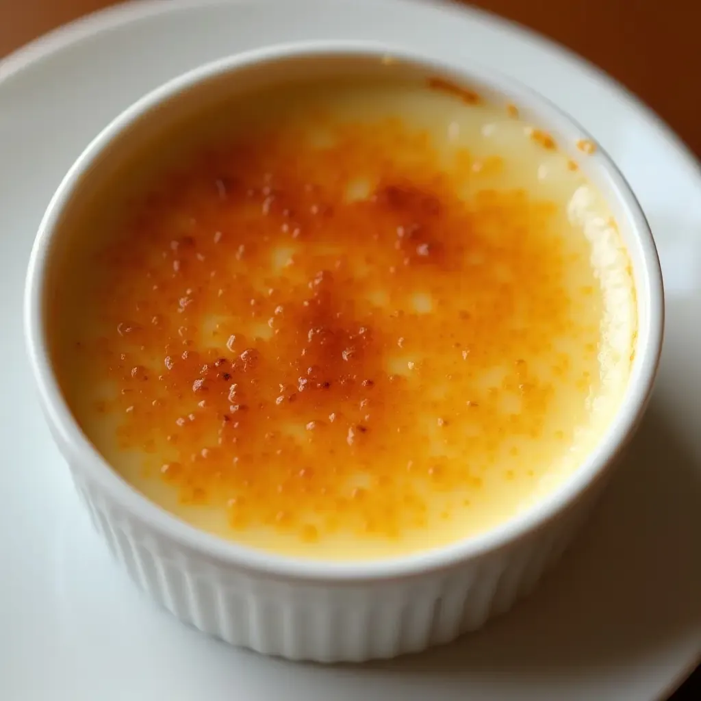 a photo of a crème brûlée flavored with lavender and honey, with a perfectly torched sugar crust.