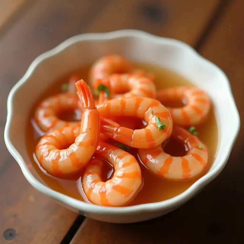 a photo of sweet Hangzhou dragon well tea-infused shrimp.