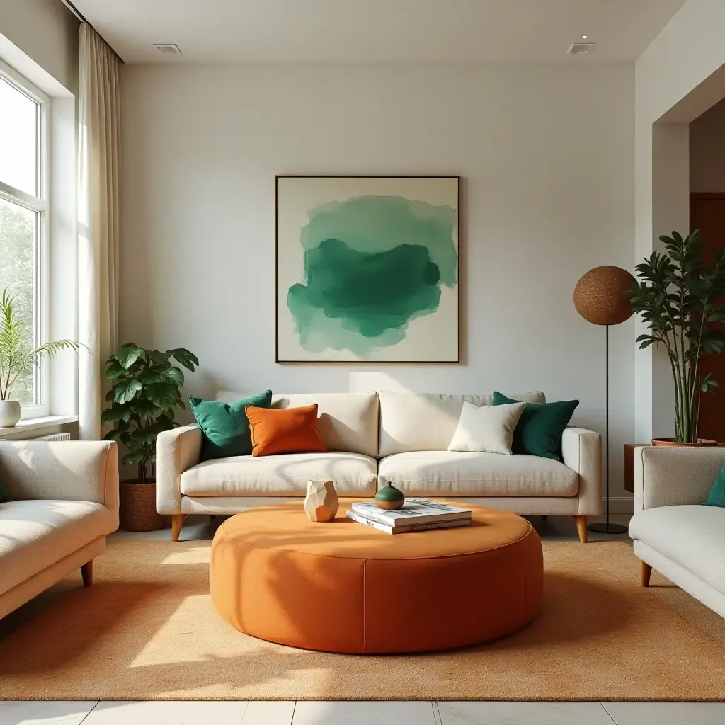 a photo of a welcoming living room with a burnt orange coffee table and green decor