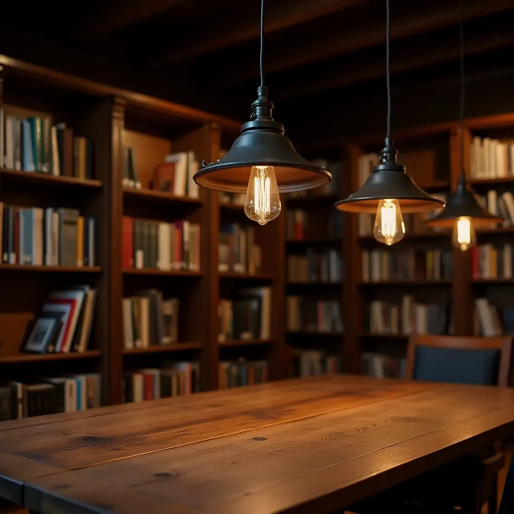 a photo of a rustic library illuminated by industrial-style pendant lighting