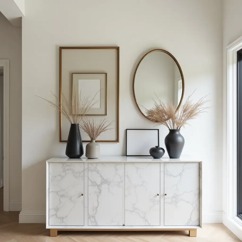 a photo of a stylish entrance hall with a marble console table and decorative mirrors