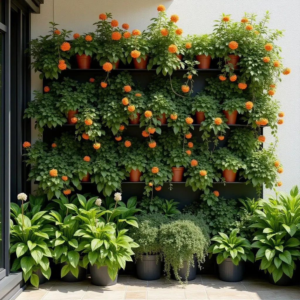 a photo of a balcony garden wall with a mix of flowers and greenery