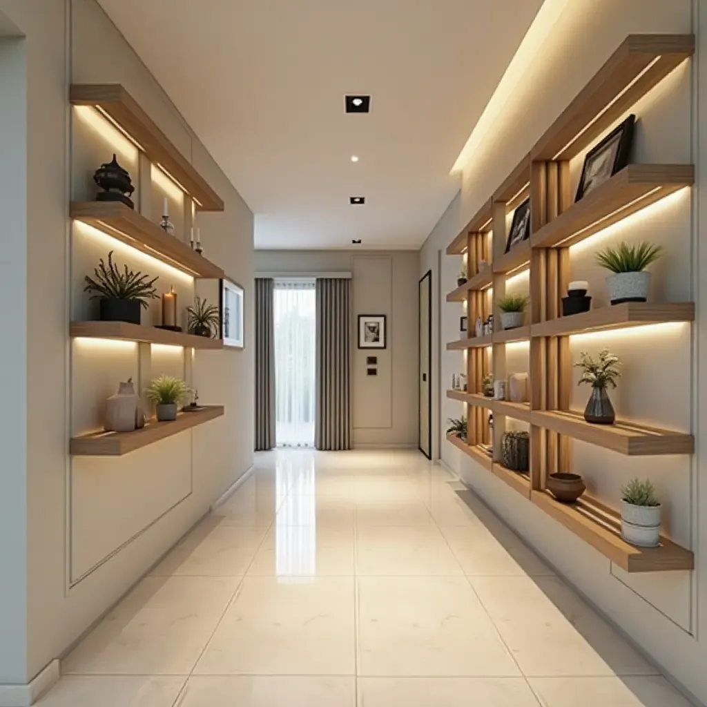 a photo of a corridor enhanced with decorative wall-mounted shelves