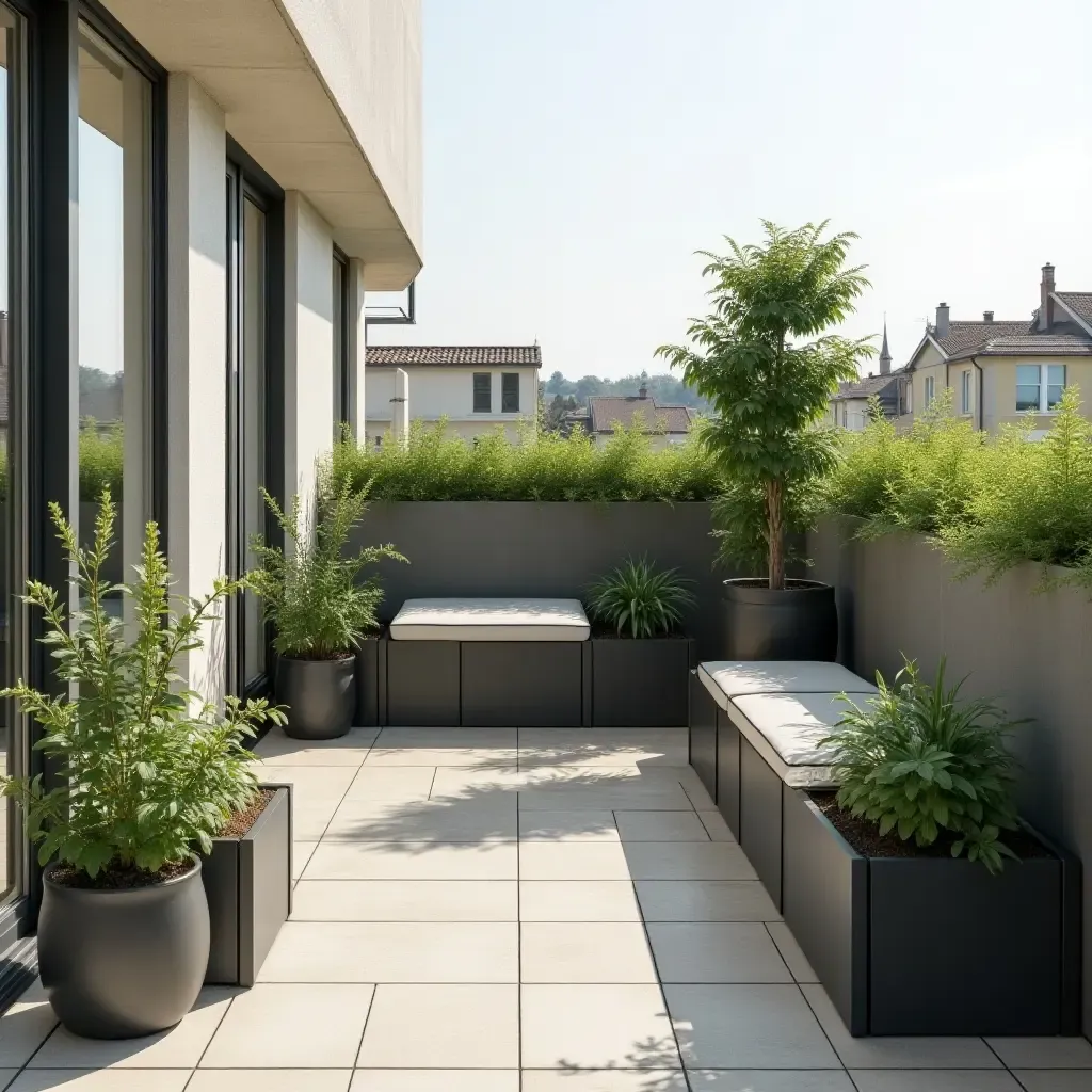 a photo of a minimalist balcony with sleek storage benches and potted herbs