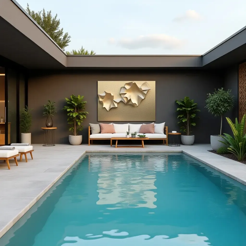 a photo of a contemporary pool area with metallic wall art and furniture