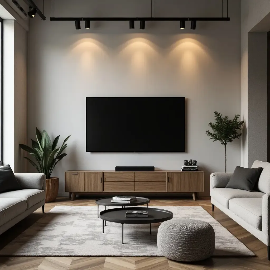 a photo of a chic urban loft TV room with industrial-style furniture