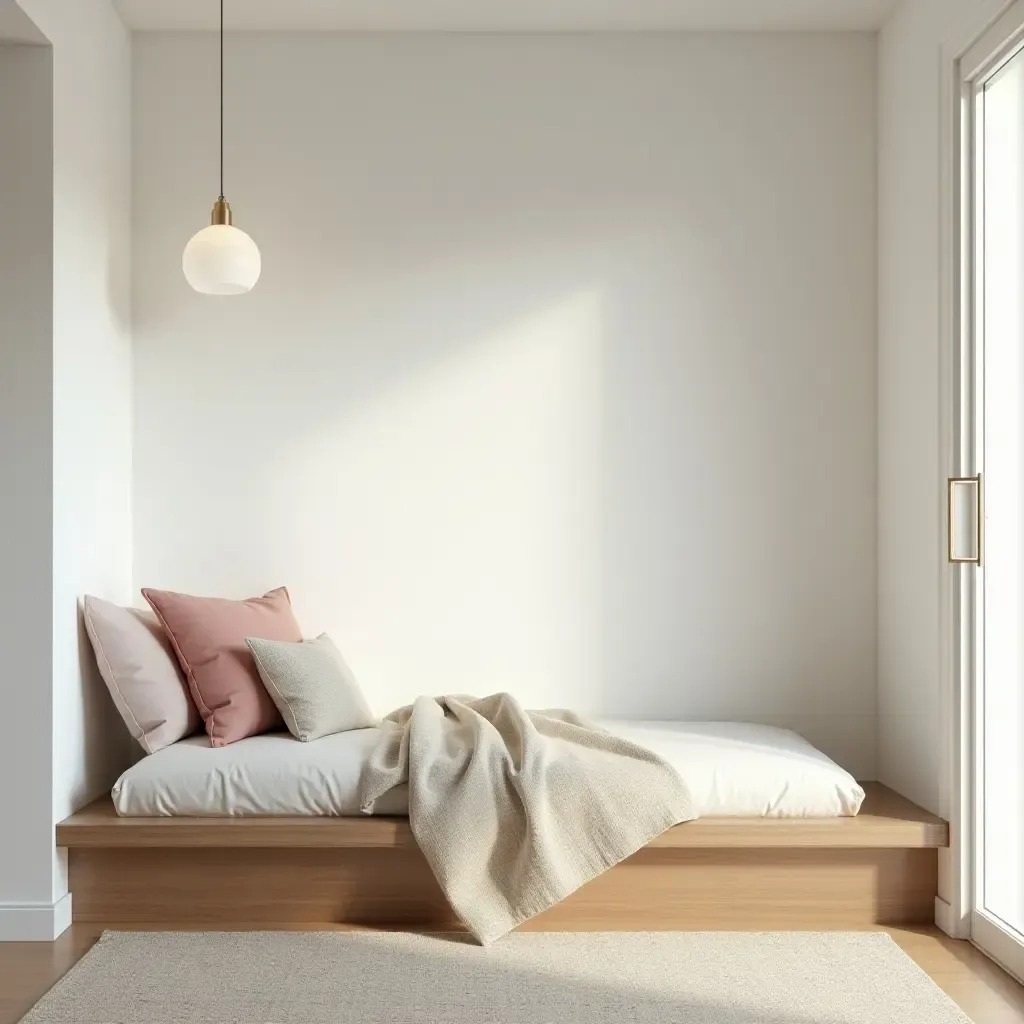 a photo of a minimalist reading nook with neutral colors and natural light