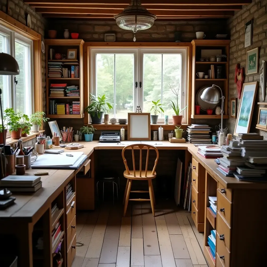 a photo of a basement art studio with vintage art supplies