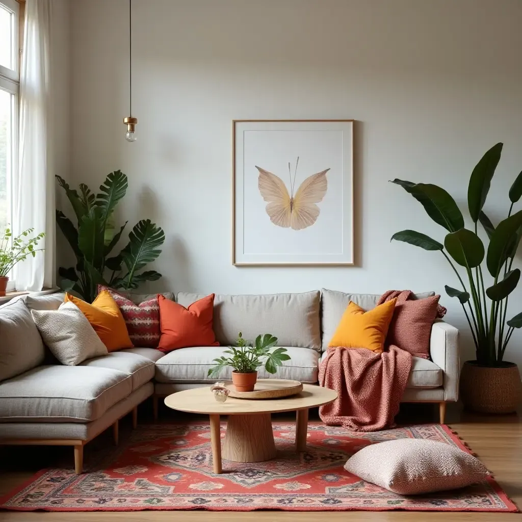 a photo of a boho chic living room with colorful textiles and plants