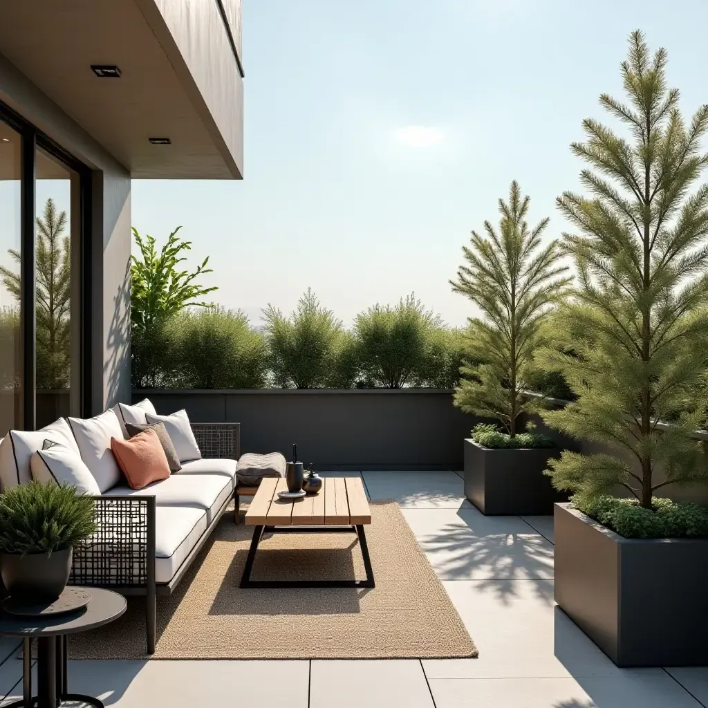 a photo of a sleek balcony with a modern outdoor rug and planters