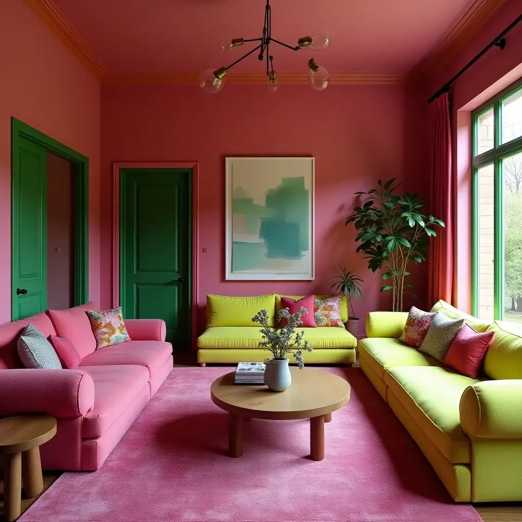 a photo of a colorful living room with fuchsia and lime green