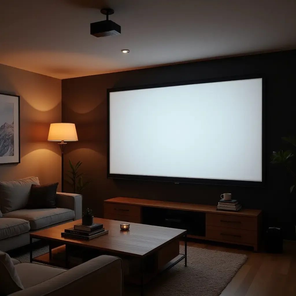 a photo of a small living room with a projector screen instead of a traditional TV